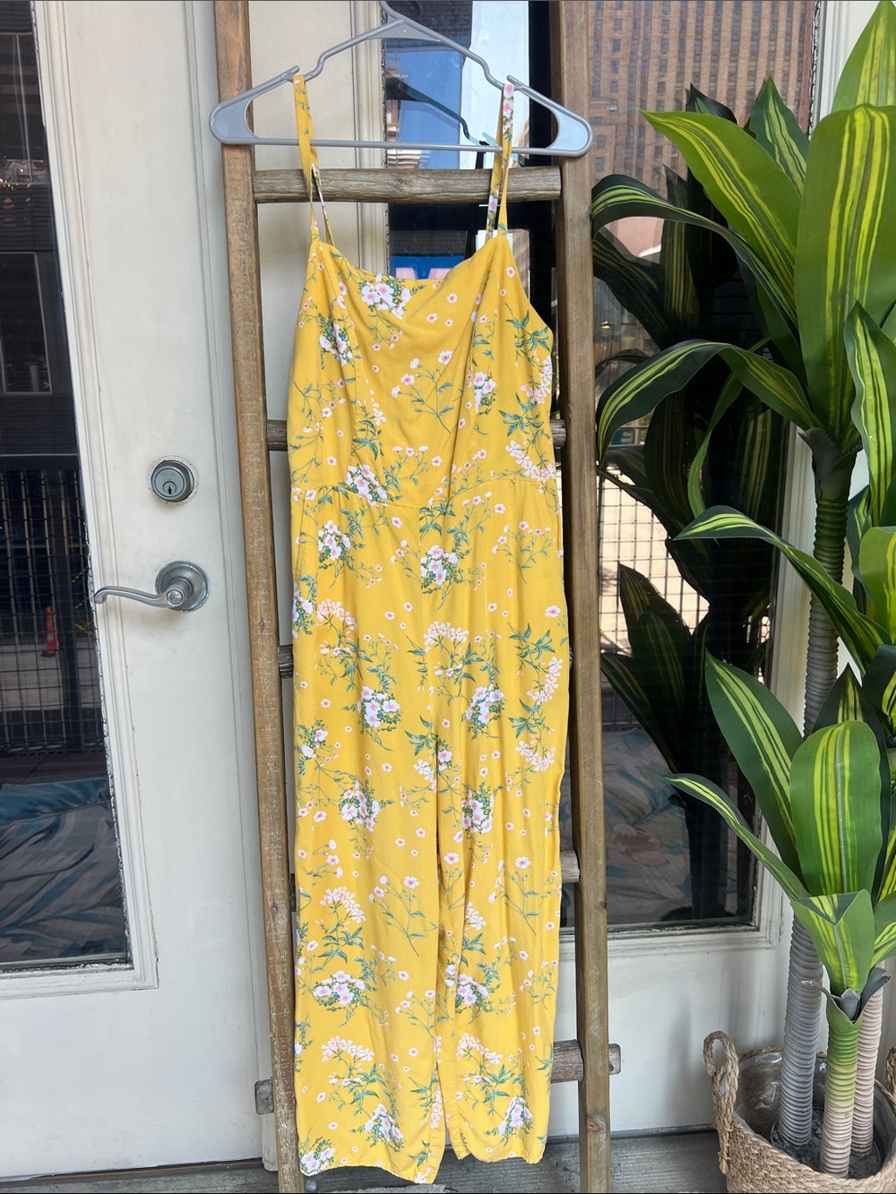 Old Navy Yellow Floral Cropped Jumpsuit with Adjustable Straps